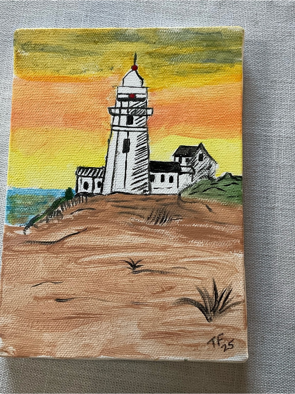 Hand-Painted Lighthouse Canvas Art - Yellow & Brown Coastal Scene